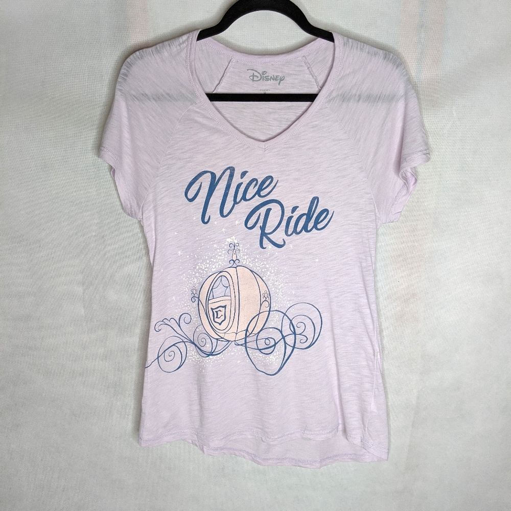 Disney Light Pink "Nice Ride" V-Neck Tee with Blue Graphic